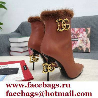 Dolce  &  Gabbana Mink Fur Thin Heel 10.5cm Leather Ankle Boots Brown with Baroque DG Heel 2021